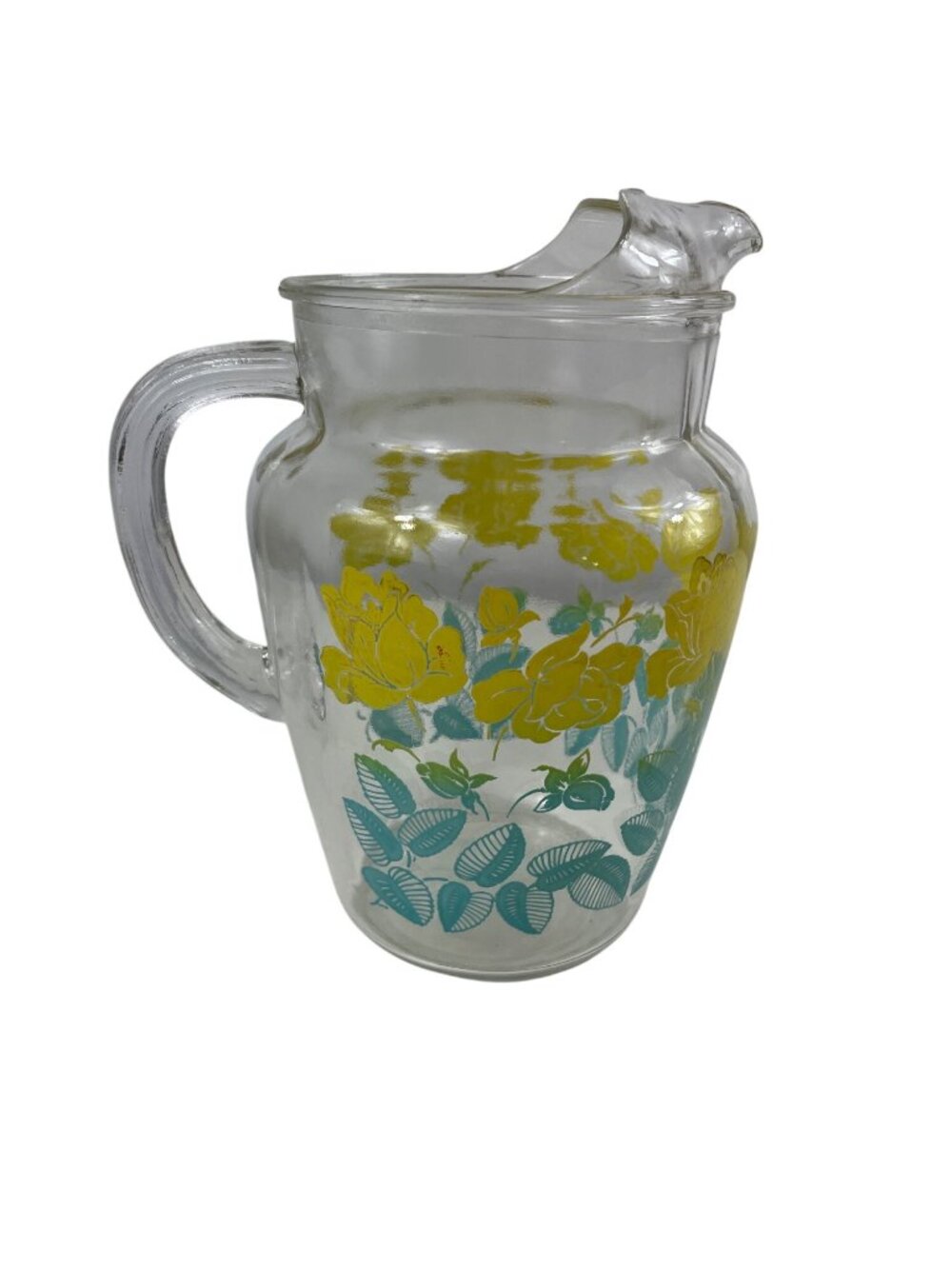 Vintage Federal Glass Pitcher Yellow Flowers Green Leaves Ice Lip Pour Spout - Picture 6 of 12